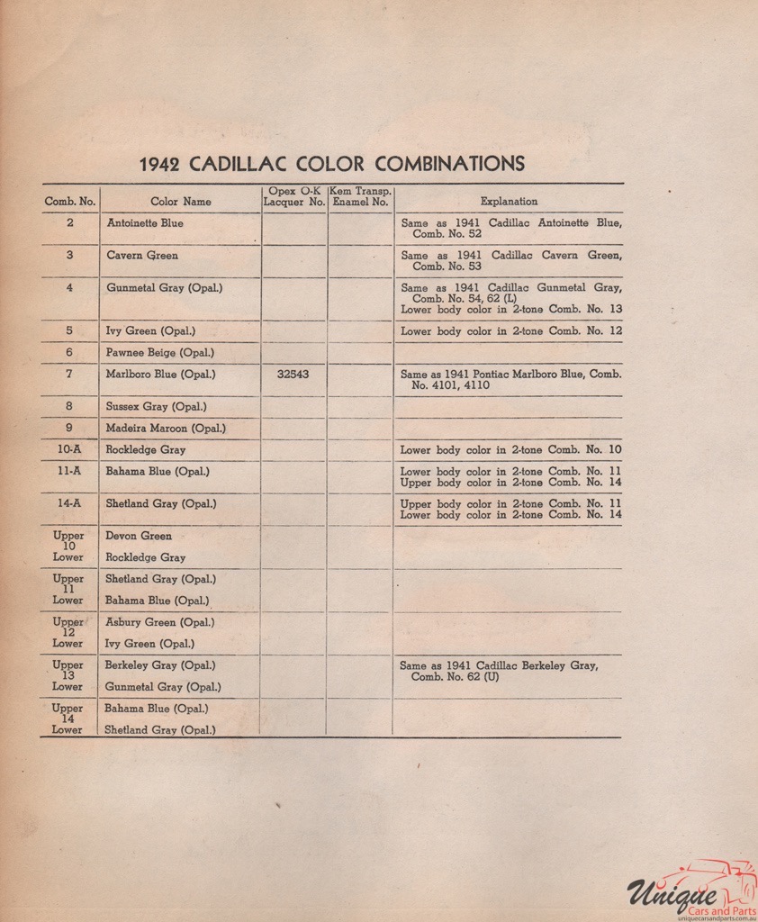1942 Cadillac Paint Charts Williams 2
